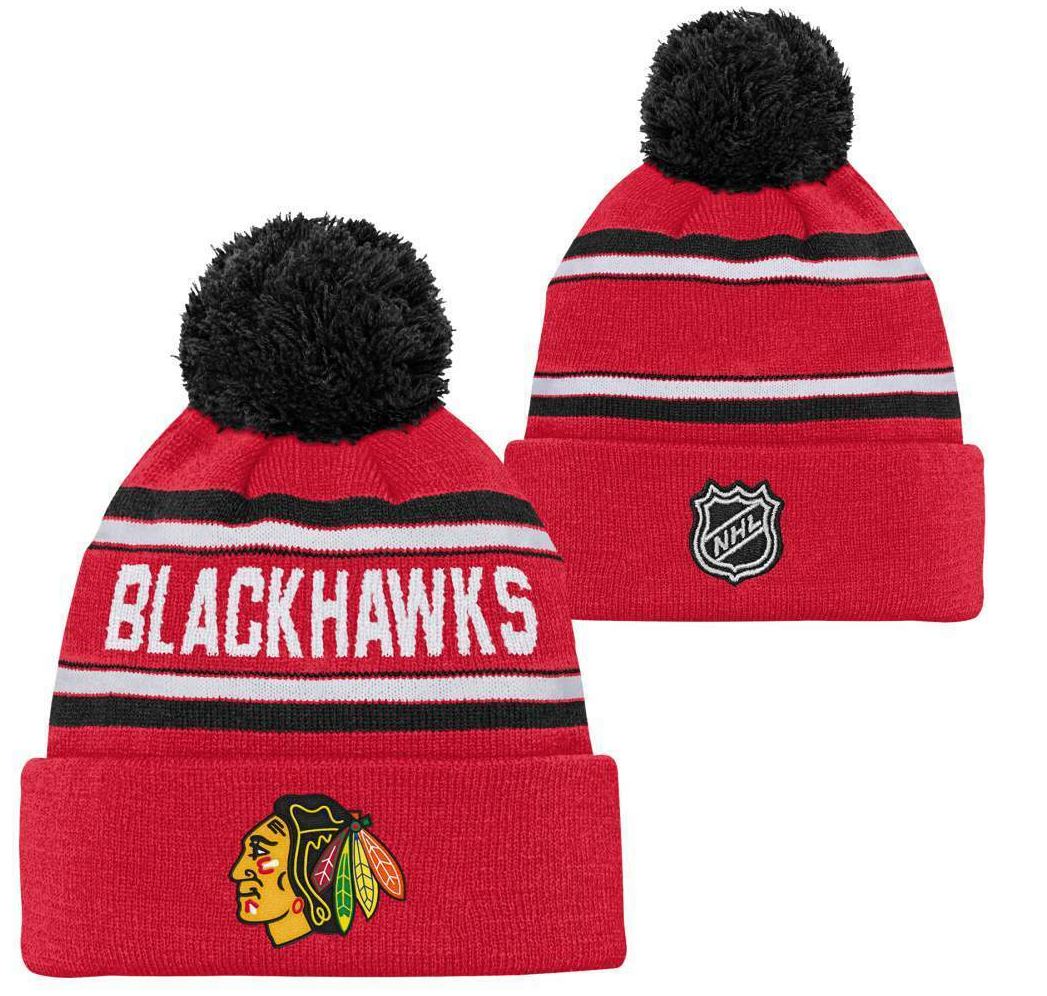 Kinder NHL Chicago Blackhawks Beanie Jacquard Wordmark PomPom