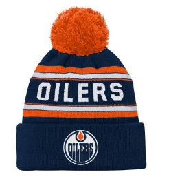 Kinder NHL Edmonton Oilers Beanie Jacquard Wordmark PomPom